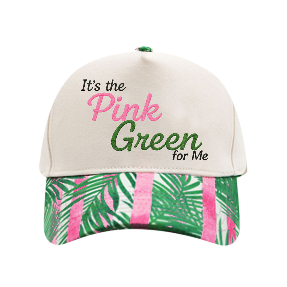 It's The Pink Green for Me Embroidered Palm Tree Pattern Printed Brim Baseball Cap